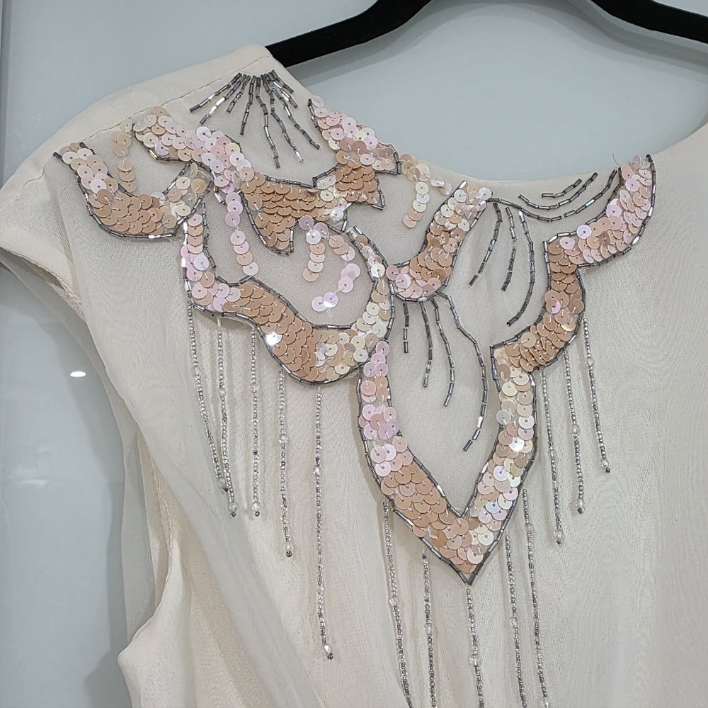 Algo Boutique 🌟 Vintage-Inspired Cream Chiffon Midi Embellished Dress - Picture 4 of 16